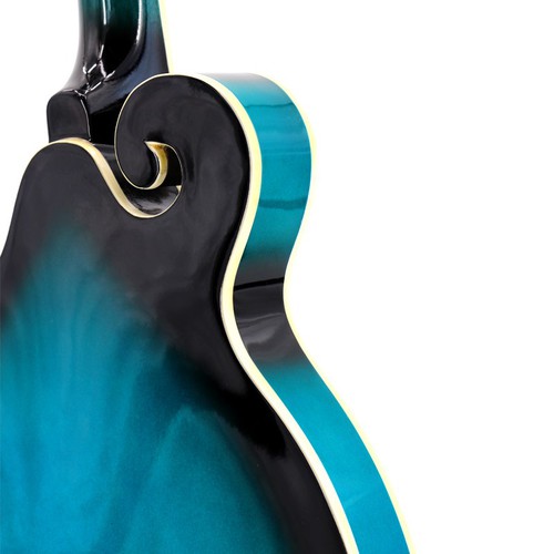Close-up detail image of the Blue Burst Mandolin, highlighting the craftsmanship of the neck, fingerboard, and anti-oxidation frets. Close-up detail image of the Blue Burst Mandolin, highlighting the craftsmanship of the neck, fingerboard, and anti-oxidation frets.
